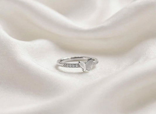 Silver Butterfly One-Side Stone Ring