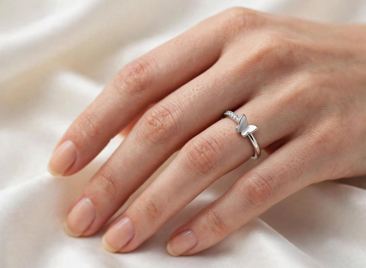 Silver Butterfly One-Side Stone Ring