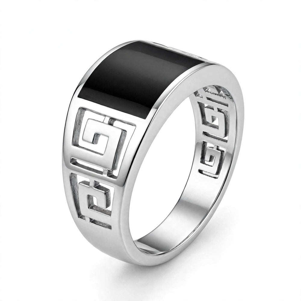 Obsidian Greek Key Ring